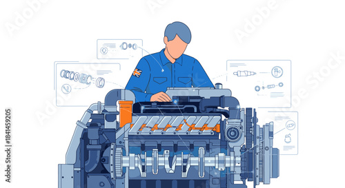 An engineer in a blue uniform examines a large industrial engine with a grandfather clock in the background, surrounded by technical diagrams in a workspace with a focus on engineering and