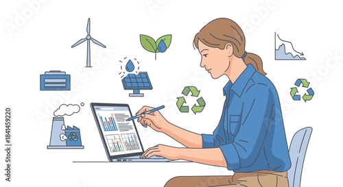 A woman in a blue shirt works on a laptop with various eco-friendly and engineering icons floating around her in a clean and modern setting.