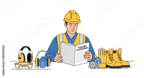 An engineer in a yellow hard hat reviews safety manuals with protective gear and boots nearby, conveying a sense of industry and engineering in a simple illustration.