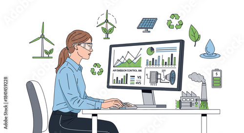 A woman works on a computer analyzing engineering data with a grandfather clock and industry graphs nearby in a modern office setting with eco-friendly icons floating around her.