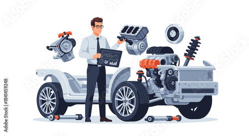 An engineer in a white shirt and black tie stands beside a disassembled car with various parts floating around him while holding a tablet and tools in a scene related to industry and