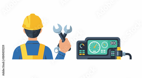 An engineer in a yellow hard hat and blue overalls holds a wrench next to a control panel with a grandfather clock in the background, conveying an industrial scene.