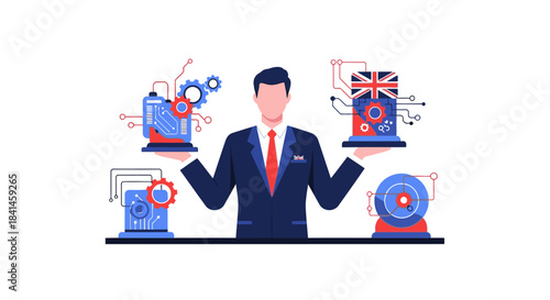 Illustration of a businessman surrounded by industrial gears and machinery with a British flag design, conveying a blend of engineering and industry concepts.