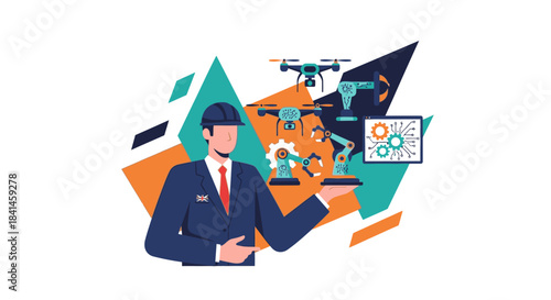 A businessman in a blue suit stands confidently in front of a colorful graphic background featuring engineering and industry-related symbols with a grandfather clock in the composition.