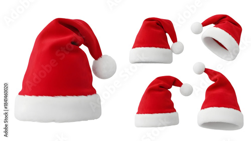 Collection of red santa hats with white trim and pom poms isolated on transparent background for christmas decoration
