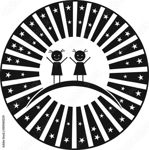 Children standing on hill inside circular starburst frame in playful black and white decorative vector illustration