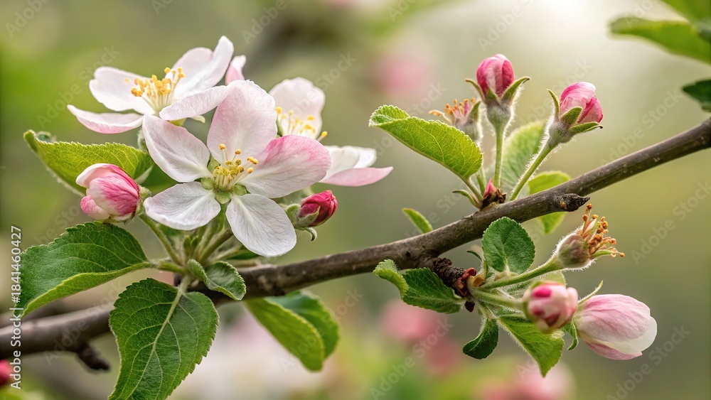 Obraz premium Blossoming apple tree branch showcases pink and white flowers in spring sunlight with fresh green leaves