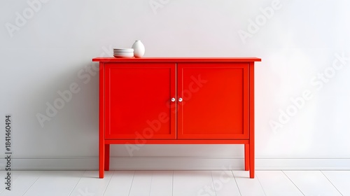 A modern red wooden cabinet a piece of contemporary home furniture is displayed against a white wall and floor adorned with a vase and bowls