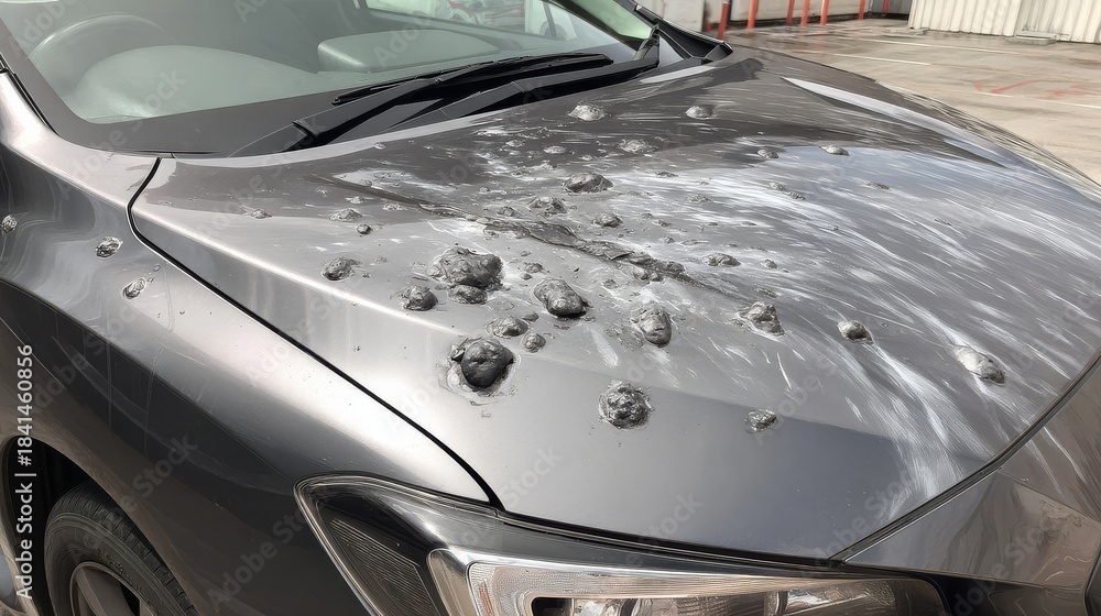 Fototapeta premium A close-up view of a car hood with notable hail damage.