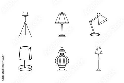 Collection of six line art drawings of various lamps on a white background lighting