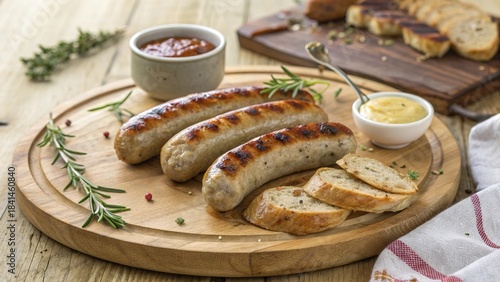 Grilled bratwurst sausages served on a rustic wooden platter with mustard and ketchup