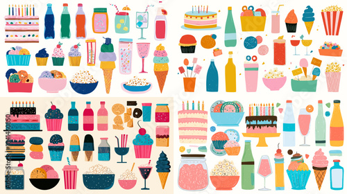 Colorful flat illustration set of ice cream desserts popsicles and frozen treats arranged in a playful collection perfect for summer food branding and menu design