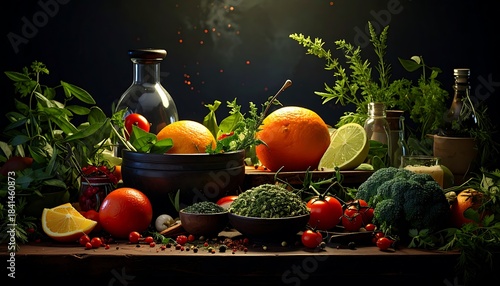 Fototapeta Naklejka Na Ścianę i Meble -  Abundant food display features a dark background with fruits, vegetables, herbs, and spice in a cinematic style