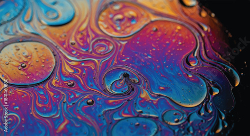 Abstract Macro Close-up of Red, Blue, and Orange Oil Droplets Swirling on Water with Iridescent Rainbow Film