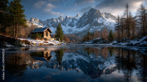 Peaceful mountain sunrise reflecting on frozen lake near secluded hut 