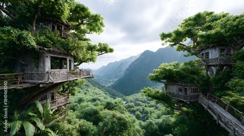 Spectacularly built rustic wooden treehouses integrated with dense green foliage overlook a breathtaking panoramic view of a misty mountain valley evoking a sense of peaceful seclusion and adventure