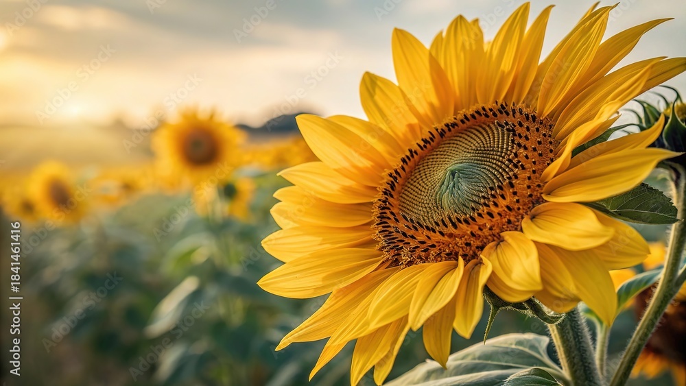 Obraz premium Bright sunflower blooms in golden light during warm sunset hours in a vibrant field