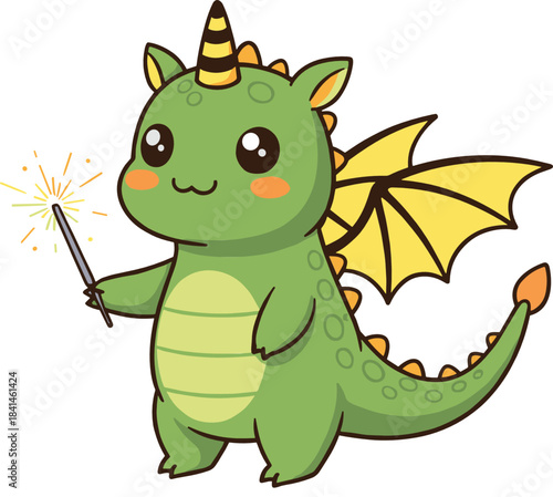 Cute baby dragon with magic wand and wings, adorable kawaii fantasy creature illustration for kids, cartoons, and fairytale themes