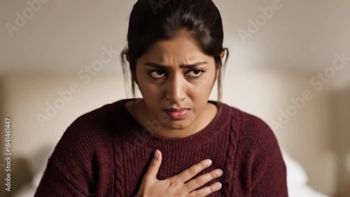 A Young Woman Experiencing Breathing Difficulties or Pain, A Close-Up Examination