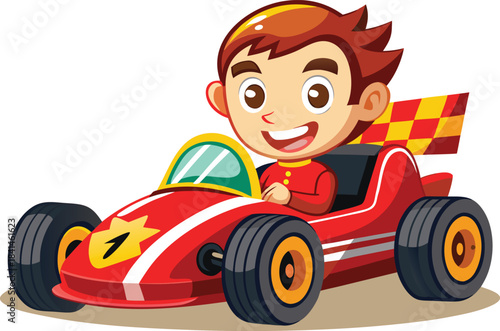 Smiling cartoon boy in red race car with checkered flag