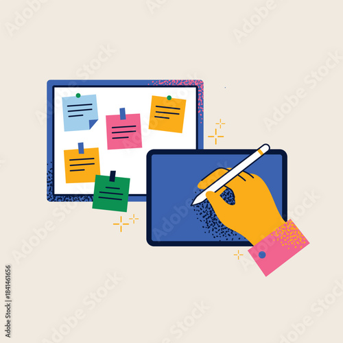 Hand Writing on Digital Tablet with Sticky Notes Board. Project Management, Task Organization, Digital Brainstorming, Innovation. Flat vector illustration. Productivity, planning and workflow conccept