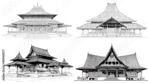 Architectural illustration set of traditional Asian temples and historic buildings drawn in detailed sketch style showcasing cultural heritage and classic roof structures