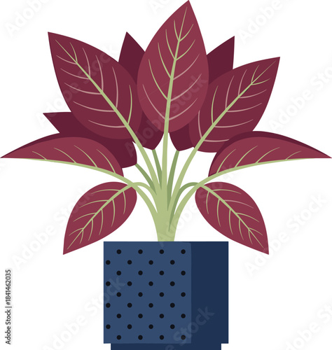 Stylized maroon leaf plant in dotted blue pot, bold vector illustration, decorative houseplant art, botany design, modern foliage graphic
