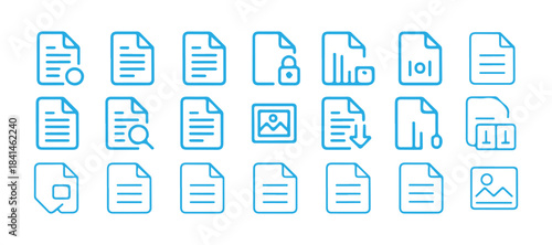 Document File Icons Set. Search, Download, Upload, Delete, Lock, Image, PDF, Folder Line Symbols. vector illustration eps 10