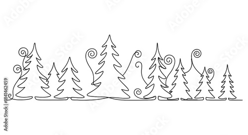 Whimsical hand-drawn pine trees with decorative curly accents in a forest scene