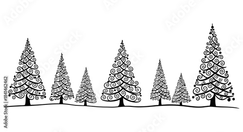 Stylized Black and White Evergreen Trees Christmas Forest Illustration Design