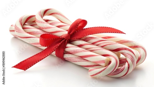 Candy canes tied with a red ribbon create a festive decoration for the holiday season