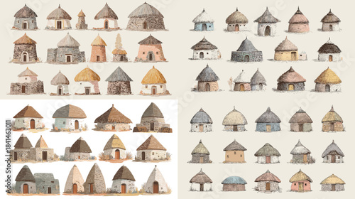 Watercolor illustration set of traditional round huts and rural houses featuring simple architecture and cultural dwelling designs from various regions