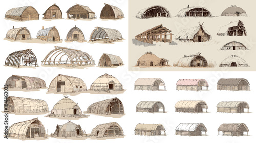 Illustrated set of traditional dome shaped huts and tribal shelters in watercolor style showing primitive architecture and natural construction concepts