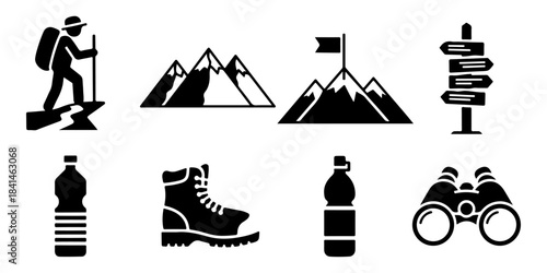 Hiking and Mountain Climbing Gear Icons for Outdoor Adventures and Sports