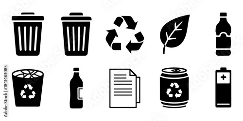 Collection of recycling and waste management icons including bins, bottles, paper, cans, and leaves