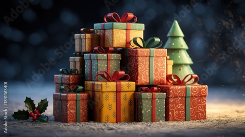 Stacked wrapped presents with tied ribbons are adorned with holly branch and miniature tree