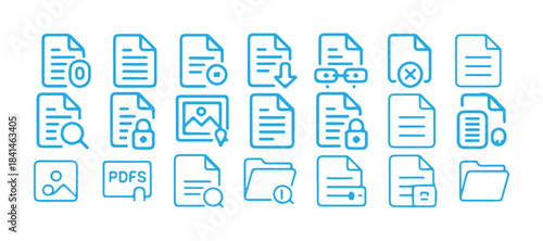 Document File Icons Set. Search, Download, Upload, Delete, Lock, Image, PDF, Folder Line Symbols. vector illustration eps 10