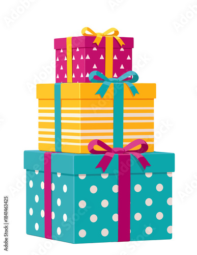 Colorful gift boxes stacked on top of each other, adorned with ribbons and bows, perfect for celebrations and special occasions