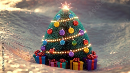 A glowing Christmas tree shines with presents against a reflective watery surface that glistens brightly