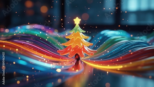 Luminous star tops the colorful Christmas tree above iridescent neon waves sparkles gently