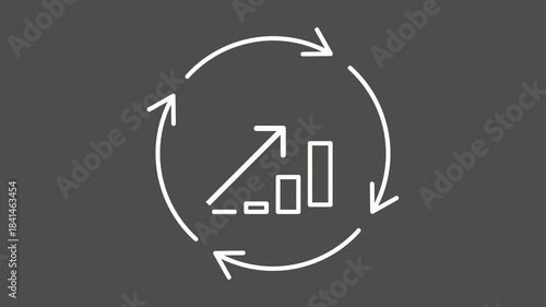 Statistics improvement white line animation. Efficiency growth animated icon. Spinning arrows. Graph showing up. Economics, finance. Isolated element on dark background. Alpha transparent video