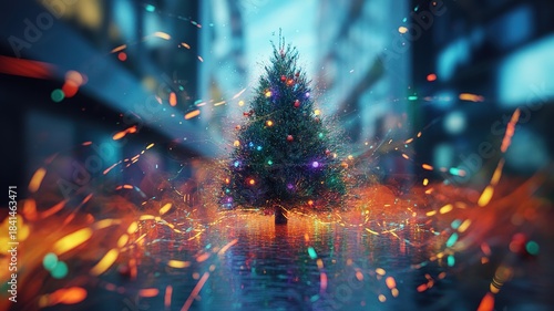 Decorated Christmas fir reflects light, casting dynamic abstract colorful streaks across city scene