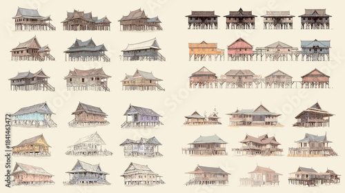 Set of Asian traditional houses with distinctive roof designs illustrated in hand drawn watercolor style ideal for cultural architecture and heritage themed visuals