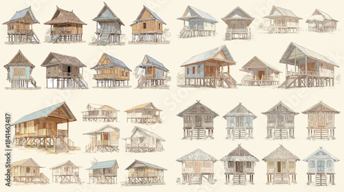 Collection of traditional wooden houses and rural huts illustrated in soft watercolor style featuring diverse roof forms and structures suitable for cultural design projects