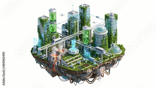 Isometric futuristic eco-city with vertical farms, sustainable architecture, and advanced transportation system on a floating island - green technology concept