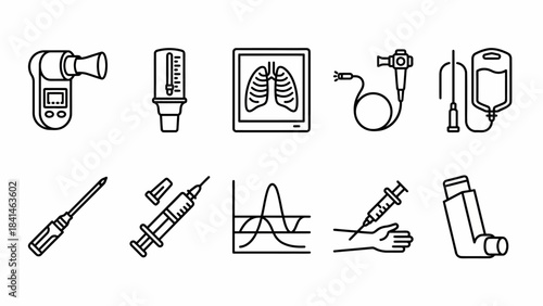 Isometric line art set featuring pulmonary health tools. Spirometer, inhaler, x-ray, syringe, and other equipment for respiratory care and treatment