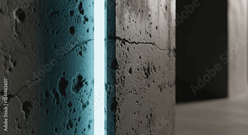 Close-up of Dark Industrial Concrete Wall Texture Background with a Vertical Neon Light Strip Accent