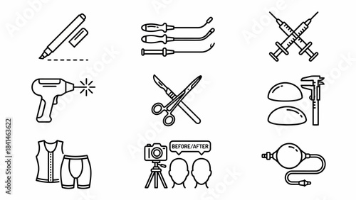 Isometric Plastic Surgery Icon Set: Cosmetic Procedures & Aesthetic Enhancements - Line Art