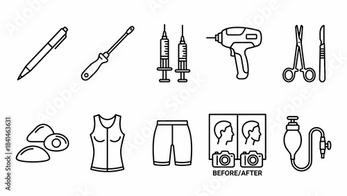 Isometric plastic surgery icons set: breast implants, liposuction, face lift, tools. Vector line art for clinic promotional materials.