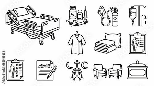 Isometric Vector Icon Set: End of Life Care, Hospice, Palliative Care, Medical Equipment, Advance Directives, Comfort, and Religious Support